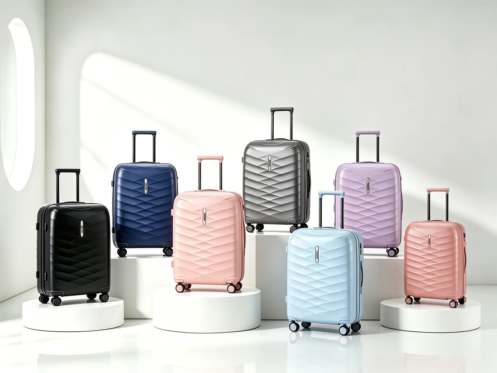 PP hard-shell trolley cases in seven colours